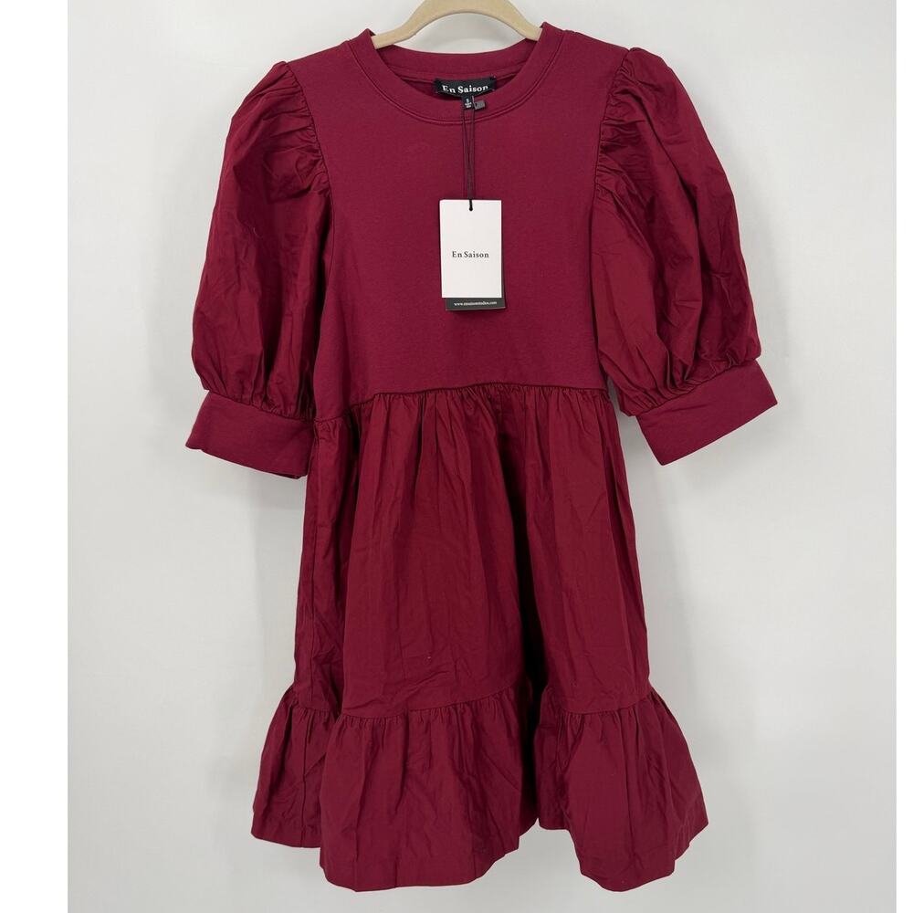 En Saison Gabriela Puff Sleeve Tiered Mini Dress Burgundy Small NWT - Picture 3 of 9